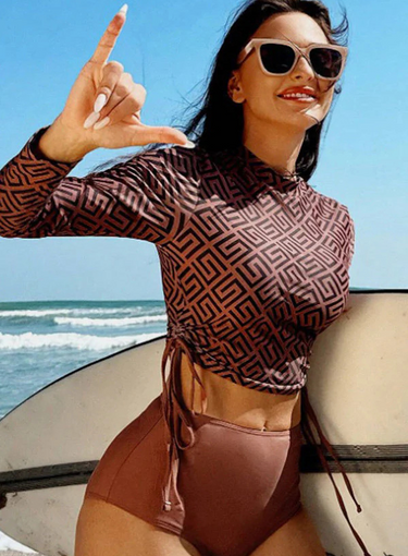 Geometric Ruched Two-Piece Rash Guard Swimsuit